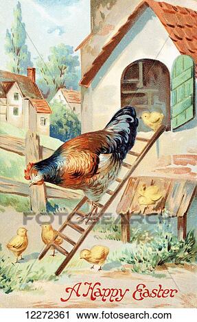 Stock Image - Vintage easter greeting card with illustration of hen and chicks from 20th century.. Fotosearch