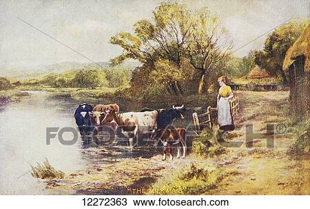 Stock Image - Vintage greeting card with illustration of milkmaid next to cows in a stream from the 19th century.. Fotosearch