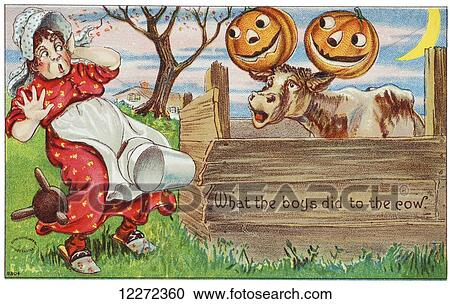 Stock Image - Vintage halloween greeting card with cow with jack-o-lanterns on horns from 20th century.. Fotosearch