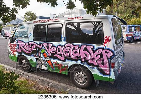 Stock Photograph - Vintage Hippie Bus; New Zealand. Fotosearch