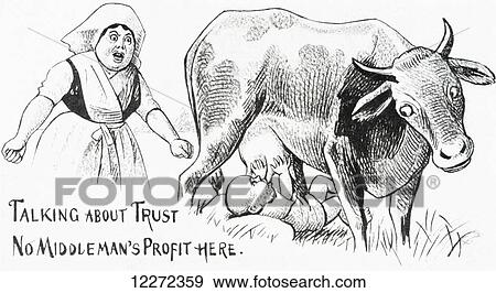 Stock Photo - Vintage illustration of baby sucking utters from cow and angry mother from 19th century.. Fotosearch