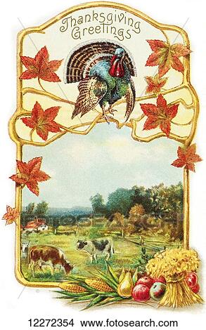 Picture - Vintage Thanksgiving greeting card with illustration of turkey and cows from 19th century.. Fotosearch