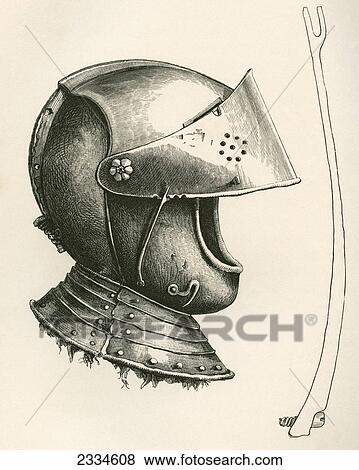 Stock Photo - Visored Helmet Dating From C. 1643. The Piece At The Side Is The Visor Prop, Full Size, Used To Keep Up The Visor At Different Angles According To The Notch Used. From The British Army: It's Origins, Progress And Equipment, Published 1868.. Fotosearch