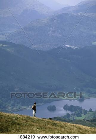 Walker Admiring The View Over Rydal Water View Large Photo Image Stock Photo - Walker Admiring The View Over Rydal Water. Fotosearch