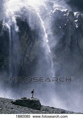 Stock Photography - Walker Beneath Waterfall In The Cirque De Gavarnie. Fotosearch