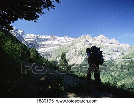 Stock Photography - Walker Climbing Up Path In Woods In The Pyrenees. Fotosearch