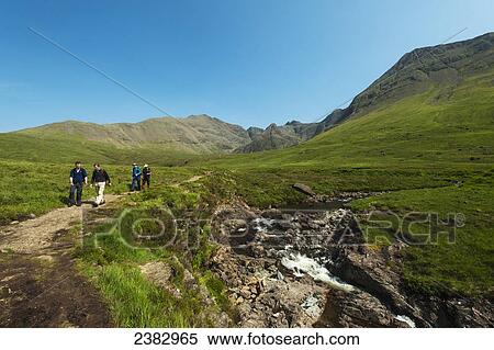 Stock Photography - Walkers going past one of the Fairy Pools in Coire na Creiche, Black Cuillin; Isle of Skye, Scotland. Fotosearch