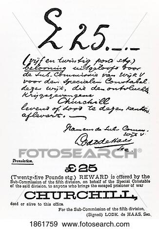 Stock Photo - Wanted Dead Or Alive Poster For Escaped Prisoner Of War Churchill During Boer War From A Roving Commission By Winston S. Churchill Published By Scribners 1930. Fotosearch