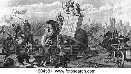 Stock Photo - War Elephants In Combat. From A 19Th Century Engraving.. Fotosearch