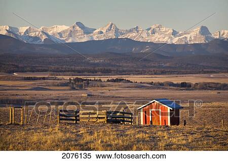 Warmly Lit Red Shack In Field With Wooden Fence And Mountains In The Background With Blue Sky At Sunrise South Of Cochrane; Alberta Canada View Large Photo Image Stock Photography - Warmly Lit Red Shack In Field With Wooden Fence And Mountains In The Background With Blue Sky At Sunrise South Of Cochrane; Alberta Canada. Fotosearch