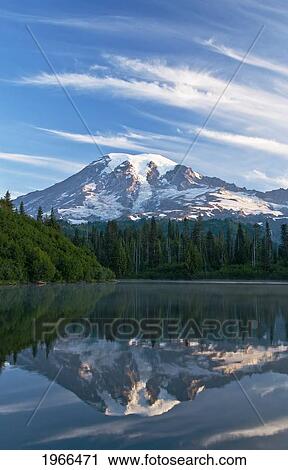 Washington, Mount Rainier National Park, Mount Rainier At Sunrise Reflecting Into Ben Lake. View Large Photo Image Stock Image - Washington, Mount Rainier National Park, Mount Rainier At Sunrise Reflecting Into Ben Lake.. Fotosearch