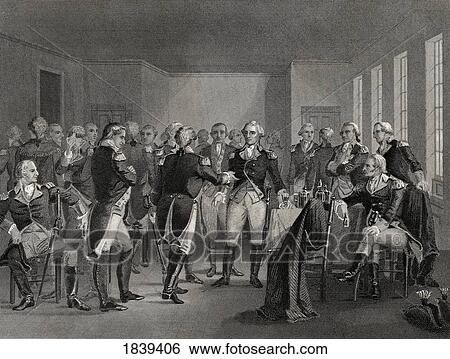 Stock Photograph - Washington Parting From His Officers At Fraunces Tavern New York City Usa On December 4Th 1783 George Washington 1732-1799 First President Of The United States From A 19Th Century Print Engraved By Rogers After Chapin. Fotosearch
