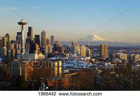Washington, Seattle, Cityscape Of The Space Needle And Mount Rainier. View Large Photo Image Stock Image - Washington, Seattle, Cityscape Of The Space Needle And Mount Rainier.. Fotosearch