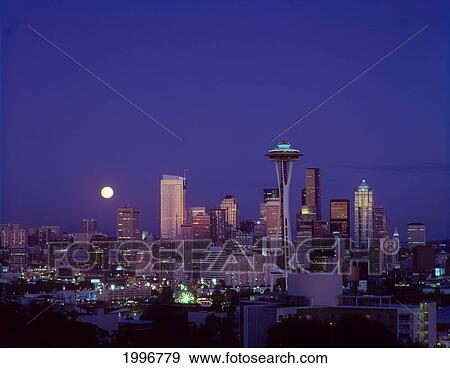 Stock Photo - Washington, Seattle, Downtown Skyline With Moonrise Twilight Overview A50E. Fotosearch
