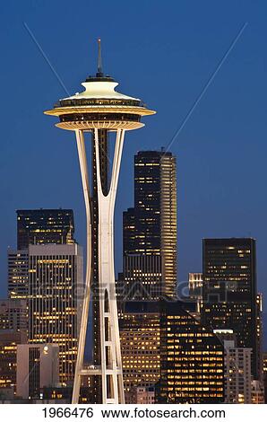 Washington, Seattle, Space Needle And Surrounding Skyscapers Lit At Dusk, View From Kerry Park On Queen Anne Hill. View Large Photo Image Stock Photograph - Washington, Seattle, Space Needle And Surrounding Skyscapers Lit At Dusk, View From Kerry Park On Queen Anne Hill.. Fotosearch