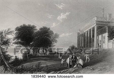 Stock Image - Washingtons House Mount Vernon Usa George Washington 1732-1799 First President Of The United States From A 19Th Century Print Engraved By J T Willmore After W H Bartlett. Fotosearch
