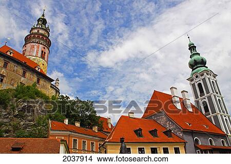 Watchtower Above The Old Town; Chesky Krumlov Jihocesky Czech Republic View Large Photo Image Picture - Watchtower Above The Old Town; Chesky Krumlov Jihocesky Czech Republic. Fotosearch