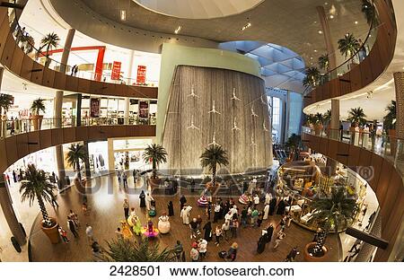 Stock Image - Water feature in Dubai Mall; Dubai, United Arab Emirates. Fotosearch