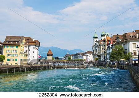 Picture - Water flowing in River Reuss; Lucerne, Switzerland. Fotosearch