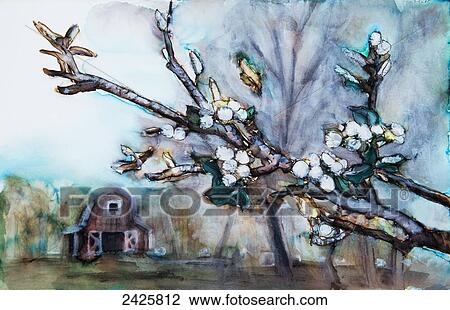 Stock Image - Watercolor painting of a barn scene.. Fotosearch