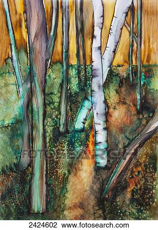 Stock Image - Watercolor painting of a colorful forest.. Fotosearch
