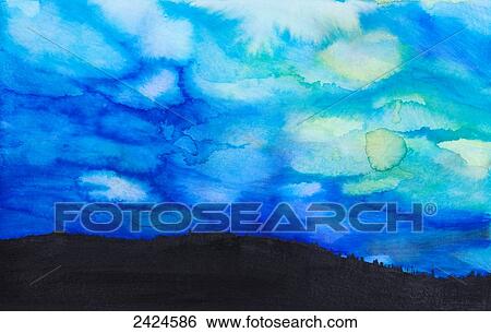 Stock Photograph - Watercolor painting of a dramatic sky with blue clouds and silhouette of a landscape. Fotosearch