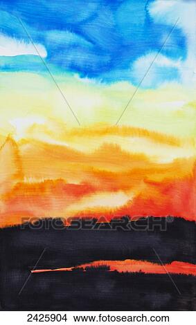 Picture - Watercolor painting of a lake of fire.. Fotosearch