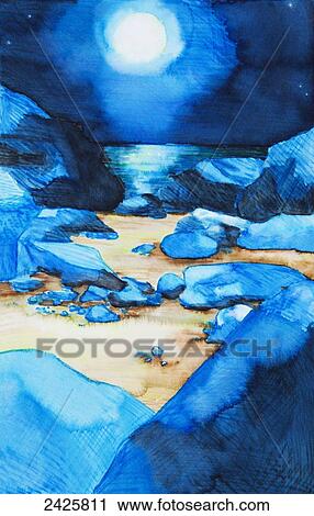 Stock Image - Watercolor Painting of a moonlit path by the sea.. Fotosearch