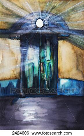 Stock Photograph - Watercolor painting of an opening door filled with light.. Fotosearch