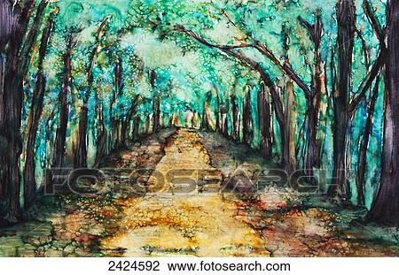 Stock Image - Watercolour painting of a path lined with trees. Fotosearch