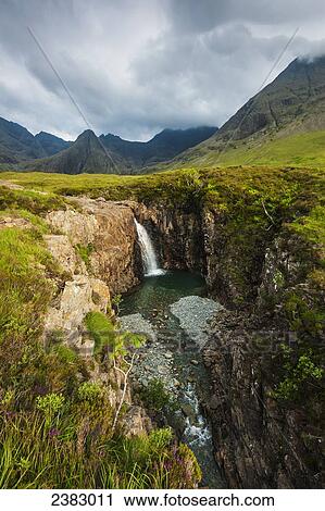 Stock Image - Waterfall in Coire na Creiche (The Fairy Pools) near Glen Brittle with the hills of the Black Cuillin in the background; Isle of Skye, Scotland. Fotosearch