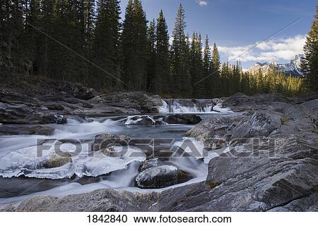 Stock Image - Waterfall On Sheep River; Kananaskis, Alberta, Canada. Fotosearch