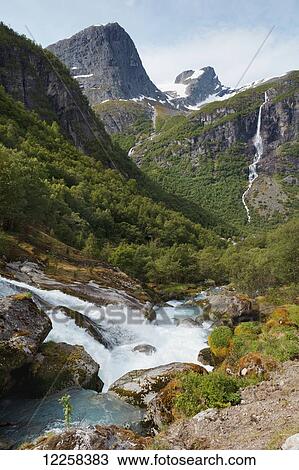 Stock Image - Waterfalls and mountains in Olden Valley; Olden, Sogn og Fjordane, Norway. Fotosearch
