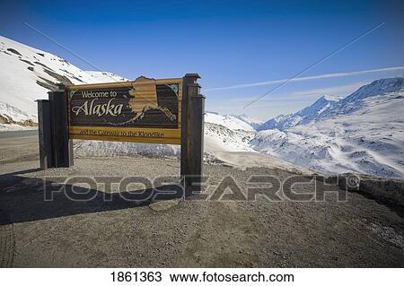 Stock Image - Welcome Sign, White Pass, South Klondike Highway, Skagway, Alaska. Fotosearch