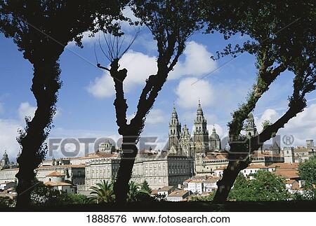 Stock Photograph - Western Facade Of Santiago Cathedral From Alameda Park On A Hillside Overlooking The Cathedral. Fotosearch