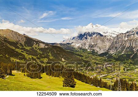 Stock Photo - Wetterhorn and Grindelwald; Grindelwald, Bernese Oberland, Switzerland. Fotosearch