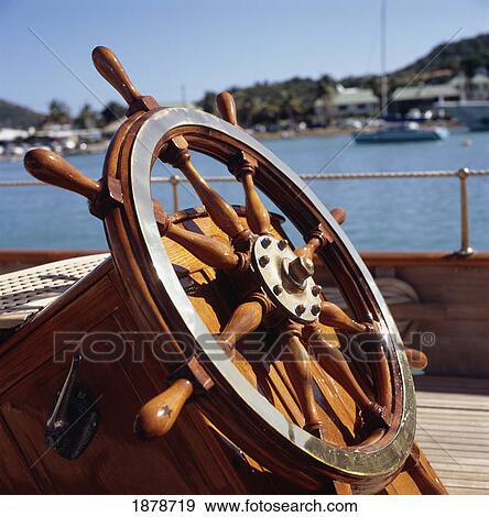 Stock Photo - Wheel Of Boat On Board Yacht, Close Up. Fotosearch