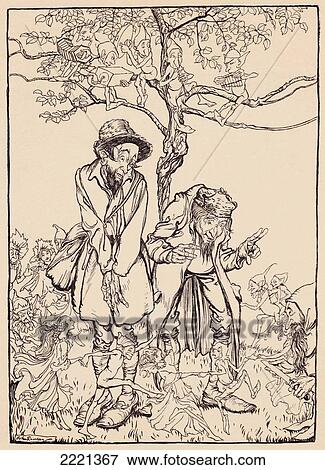 Stock Photo - When It Was Sharp Enough, He Looked Round At The Strangers. Illustration By Arthur Rackham From Grimm's Fairy Tale, The Little Folk's Presents.. Fotosearch