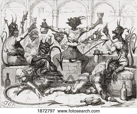 Stock Photo - While Beelzebub's Tying Huge Knots In His Tail. Illustration By George Cruikshank To The Poem The Lay Of St. Cuthbert. From The Book The Ingoldsby Legends Or Mirth And Marvels By Thomas Ingoldsby, Published 1865.. Fotosearch