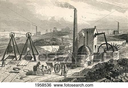 Stock Photograph - Whimsey Or Engine Drawing Coal In The Staffordshire Collieries, England In The 19Th Century. From Cyclopaedia Of Useful Arts And Manufactures By Charles Tomlinson.. Fotosearch