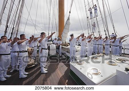 Picture - Whistle Demonstration On Board The Four-Mast Barquentine, Chilean Navy Training Ship Esmeralda In Hanga Roa Harbour, Rapa Nui (Easter Island), Chile. Fotosearch