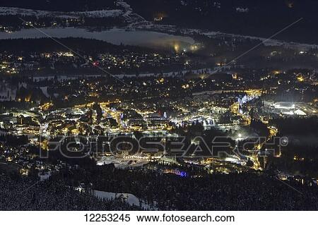 Stock Photography - Whistler Village from Blackcomb Mountain at night; Whistler, British Columbia, Canada. Fotosearch