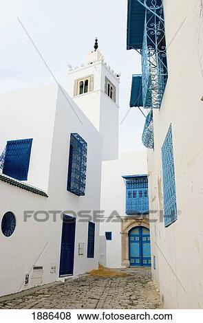 Stock Photo - White And Blue Buildings. Fotosearch