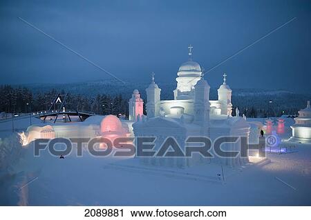 Stock Image - Whitewashed Church At The Icium Wonderworld Of Ice Sculpture Park, Levi, Lapland, Finland. Fotosearch
