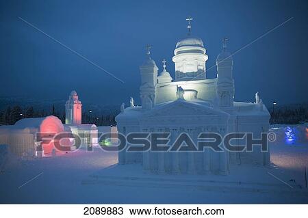 Stock Image - Whitewashed Church At The Icium Wonderworld Of Ice Sculpture Park, Levi, Lapland, Finland. Fotosearch