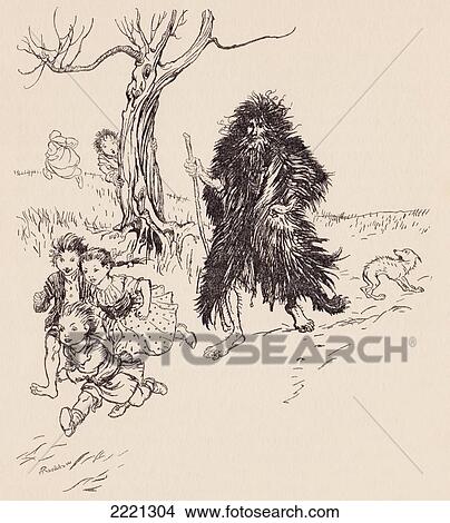Picture - Whoever Saw Him, Ran Away. Illustration By Arthur Rackham From Grimm's Fairy Tale Bearskin.. Fotosearch