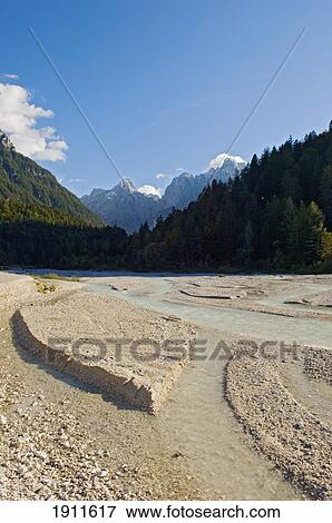 Wide Riverbed Of Velika Pisnica With Mountains In Background, Triglav National Park, Kranjska Gora, Slovenia View Large Photo Image Stock Photo - Wide Riverbed Of Velika Pisnica With Mountains In Background, Triglav National Park, Kranjska Gora, Slovenia. Fotosearch