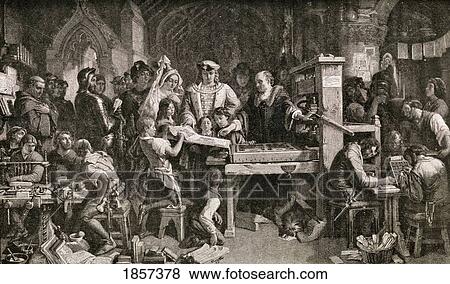 Stock Photo - William Caxton C. 1415-1422 ÃƒÂ¢Ã¢â€šÂ¬Ã¢â‚¬Å“ C. 1492 English Merchant, Diplomat, Writer And Printer Caxton Showing Specimens Of His Printing To King Edward Iv At The Almonry At Westminster.. Fotosearch