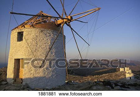 Stock Image - Windmills Above Hora. Fotosearch