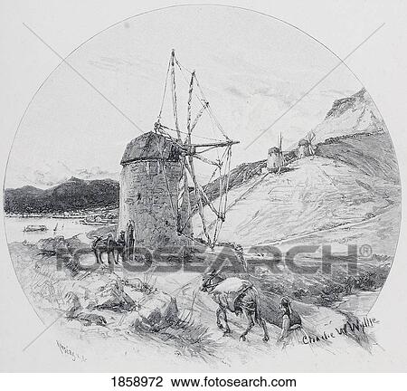 Stock Image - Windmills, Ithaca, Ionian Islands, Greece, By Charles William Wyllie (1859-1923) From The Picturesque Mediterranean Circa 1890. Fotosearch